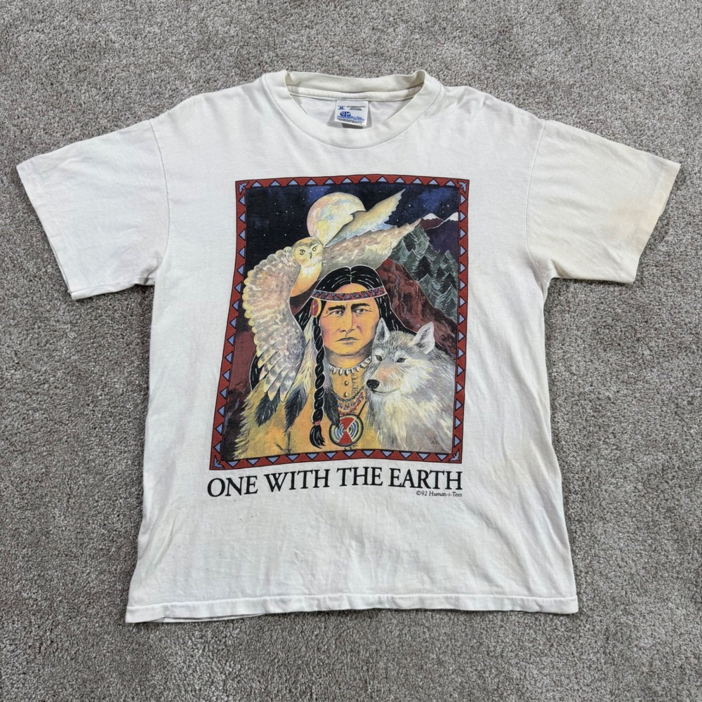 Vintage 1992 Human-i-Tees One With The Earth Wolf Owl T-Shirt Mens M White USA
